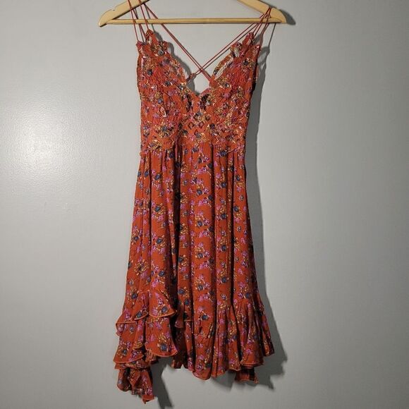 Free People Ladies Size Small Floral Frilled Chemise Dress Orange - Picture 8 of 10